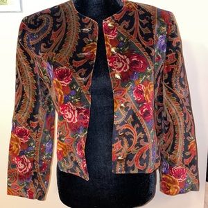 Vintage floral and paisley print velvet like blazer with shoulder pads by Greige